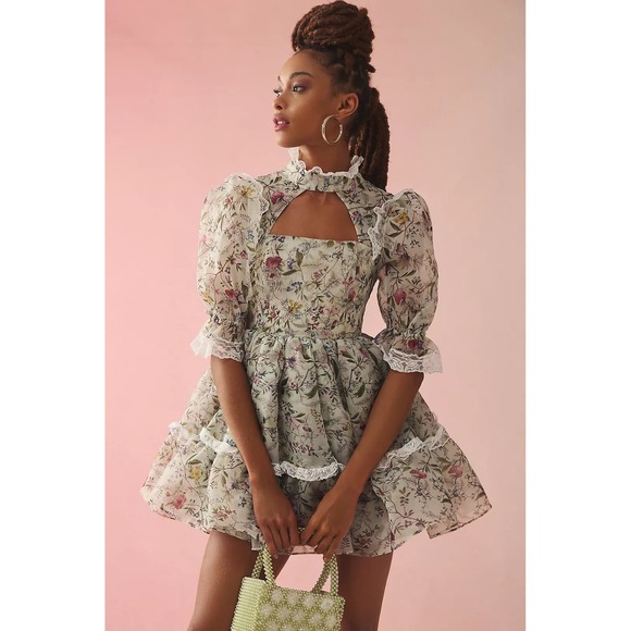 Selkie Dresses & Skirts - Selkie Ruffle Neck Cutout Dress Medium Floral Cottagecore Fairy Whimsical Doll